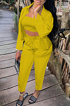 Yellow Euramerican Women Satin High Elastic Ruffle Strapless Drawsting Carrot Pants+Lapel Neck Long Sleeve Shirts Coat Casual Three-Piece SZS8166-4