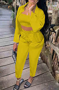 Yellow Euramerican Women Satin High Elastic Ruffle Strapless Drawsting Carrot Pants+Lapel Neck Long Sleeve Shirts Coat Casual Three-Piece SZS8166-4