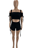 Black Euramerican Women Pure Color Sexy Shirred Detail Short Sleeve Condole Belt Shorts Sets KXL847-1