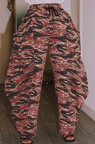 Blue Loose Mid Waist Fashion Casual Multicolor Camo Long Pants AYA7026-3