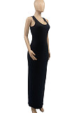 Black Women Solid Color Sleeveless Joker Tight Long Dress AD0801-1