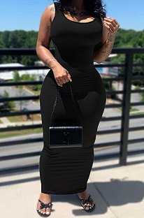 Black Women Solid Color Sleeveless Joker Tight Long Dress AD0801-1