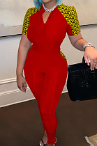 Red Digital Positioning Plaid Print Short Sleeve Notched Neck Bodycon Jumpsuits SZS8158-3