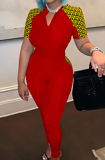 Red Digital Positioning Plaid Print Short Sleeve Notched Neck Bodycon Jumpsuits SZS8158-3