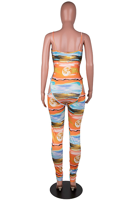 Orange Women Digital Print Condole Belt Strapless Hollow Out Drawsting Bodycon Jumpsuits SZS8155-1