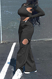 Rose Red Casual Pure Color Hollow Out Long Sleeve Round Neck Crop Blouse High Waist Zippet Wide Leg Pants Two-Piece PQ8057-1