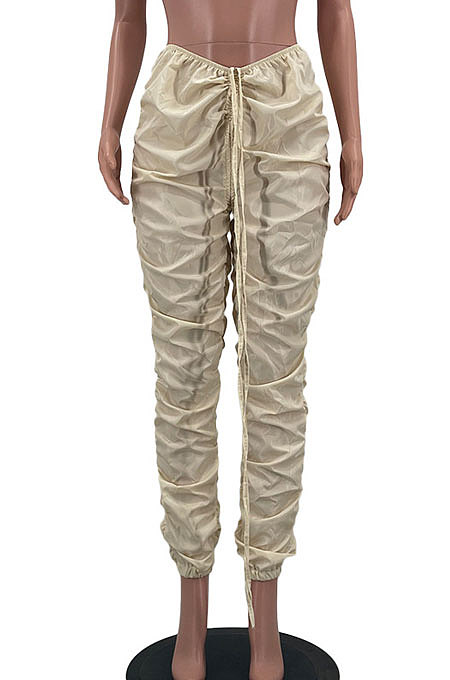 Sky Blue Women Pure Color Ruffle Drawsting Sport Casual Long Pants AYA7027-3