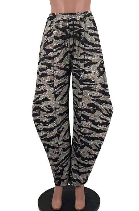 Green Loose Mid Waist Fashion Casual Multicolor Camo Long Pants AYA7026-1