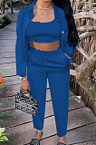 Peacock Blue Euramerican Women Satin High Elastic Ruffle Strapless Drawsting Carrot Pants+Lapel Neck Long Sleeve Shirts Coat Casual Three-Piece SZS8166-1