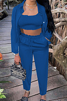 Peacock Blue Euramerican Women Satin High Elastic Ruffle Strapless Drawsting Carrot Pants+Lapel Neck Long Sleeve Shirts Coat Casual Three-Piece SZS8166-1