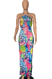 Blue Red Sexy Printing Backless Cross Condole Belt Strapless Slim Fitting Long Dress P8725
