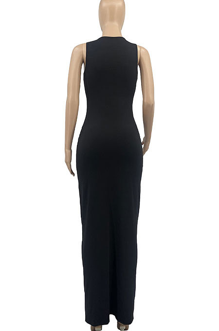 Blue Women Solid Color Sleeveless Joker Tight Long Dress AD0801-4