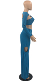 Black Casual Pure Color Hollow Out Long Sleeve Round Neck Crop Blouse High Waist Zippet Wide Leg Pants Two-Piece PQ8057-2