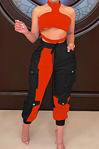 Red New Wholesal Halter Neck Straless Spliced Hollow Out Crop Top Casual With Pocket Pants Two-Piece SZS8159-2