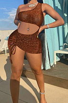 Brown Women Solid Color Shirred Detail One Shoulder Crop Mini Dress ED8504-2