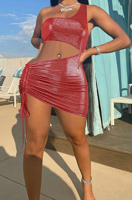 Red Women Solid Color Shirred Detail One Shoulder Crop Mini Dress ED8504-1