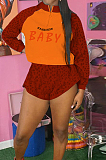Red Cotton Blend Spliced Letter Printing Long Sleeve Stand Collar Zippet T-Shirt Shorts Sports Sets SZS9041-2