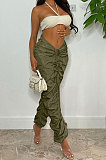 Army Green Women Pure Color Ruffle Drawsting Sport Casual Long Pants AYA7027-2