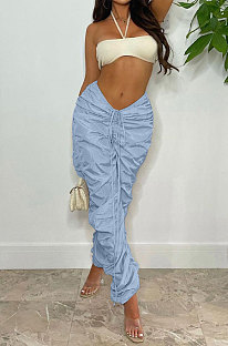 Sky Blue Women Pure Color Ruffle Drawsting Sport Casual Long Pants AYA7027-3