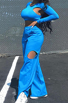 Peacock Blue Casual Pure Color Hollow Out Long Sleeve Round Neck Crop Blouse High Waist Zippet Wide Leg Pants Two-Piece PQ8057-3