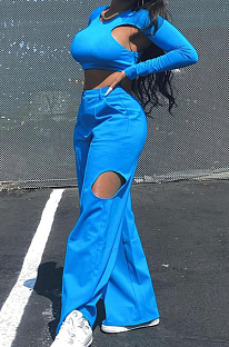 Peacock Blue Casual Pure Color Hollow Out Long Sleeve Round Neck Crop Blouse High Waist Zippet Wide Leg Pants Two-Piece PQ8057-3