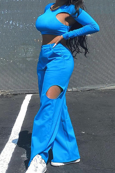 Peacock Blue Casual Pure Color Hollow Out Long Sleeve Round Neck Crop Blouse High Waist Zippet Wide Leg Pants Two-Piece PQ8057-3