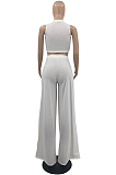 Black Gray Summer Sleeleless O Collar Hollow Out Crop Top Wide Leg Pants Solid Color Two-Piece PQ8056-2