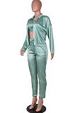 Peacock Blue Euramerican Women Satin High Elastic Ruffle Strapless Drawsting Carrot Pants+Lapel Neck Long Sleeve Shirts Coat Casual Three-Piece SZS8166-1
