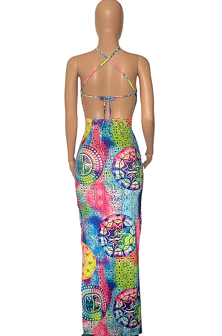 Blue Red Sexy Printing Backless Cross Condole Belt Strapless Slim Fitting Long Dress P8725