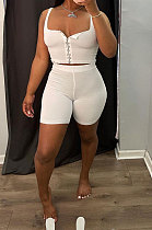 White Solid Color Bodycon Simplee Condole Belt  Shorts Sets BE8045-1