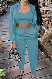 Yellow Euramerican Women Satin High Elastic Ruffle Strapless Drawsting Carrot Pants+Lapel Neck Long Sleeve Shirts Coat Casual Three-Piece SZS8166-4