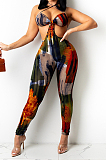Dark Blue Summer Sexy Condole Belt Printing Backless Strapless Hollow Out Bodycon Jumpsuits P8742-2