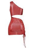 Brown Women Solid Color Shirred Detail One Shoulder Crop Mini Dress ED8504-2