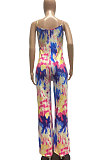 Red Blue Women Trendy Printing Tie Dye Condole Belt Loose Casual Jumpsuits AMN8019-1