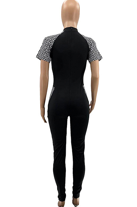 Peacock Blue Digital Positioning Plaid Print Short Sleeve Notched Neck Bodycon Jumpsuits SZS8158-1