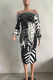 Wine Red Fashion Printing Long Sleeve A Wrod Shoulder Collcet Waist Long Dress A8241-1