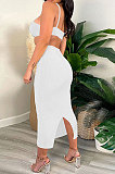 White Women Sexy Fashion Ribber Condole Belt Solid Color Dew Waist Split Long Dress GLS8172-1