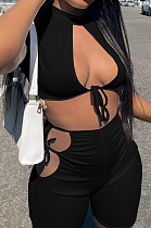 Black Night Club Sexy Short Sleeve Round Collar Dew Bust Bandage Blouse High Waist Shorts Solid Color Two-Piece YFS10012-3