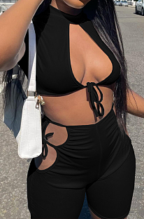 Black Night Club Sexy Short Sleeve Round Collar Dew Bust Bandage Blouse High Waist Shorts Solid Color Two-Piece YFS10012-3