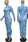 Blue Cotton Blend Gradient Long Sleeve Stand Collar Zipper Ruffle Slim Fitting Long Dress BBN102-2