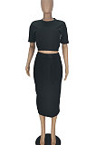 Rose Red Women Pure Color Short Sleeve Round Neck Bandage Split Skirts Sets QMQ7061-3