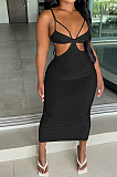 Black Women Sexy Fashion Ribber Condole Belt Solid Color Dew Waist Split Long Dress GLS8172-3