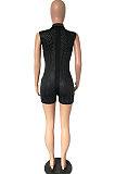 Red Green Hot Drilling Sleeveless Stand Collar Zipper Slim Fitting Romper Shorts A8357-2