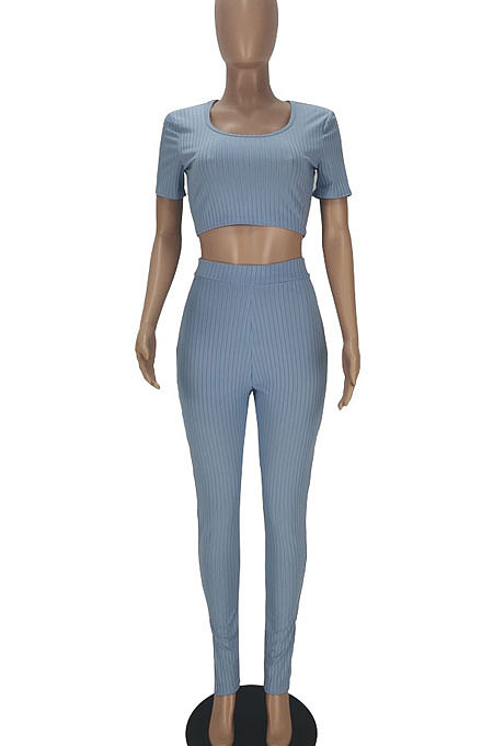 Light Blue Women Ribber Pure Color Short Sleeve Split Pants Sets QMQ7060-1