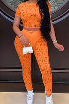 Orange Autumn Summer Hollow Out Pure Color Short Sleeve Round Neck Dew Waist Pencil Pants Sports Sets YFS10016-1
