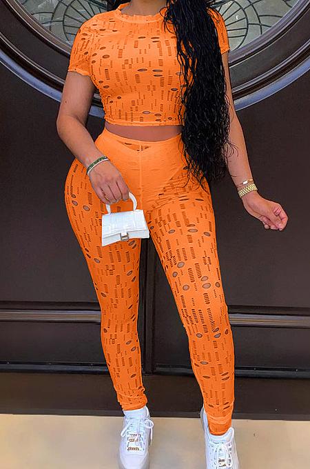 Orange Autumn Summer Hollow Out Pure Color Short Sleeve Round Neck Dew Waist Pencil Pants Sports Sets YFS10016-1