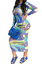 Blue Women Mesh Spaghetti Printing Bandage Hollow Out Midi Dress XQ1144-1