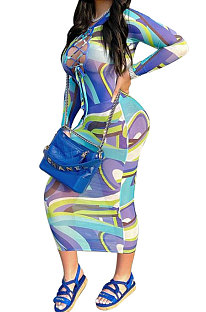 Blue Women Mesh Spaghetti Printing Bandage Hollow Out Midi Dress XQ1144-1