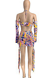 Multi Yellow Women Fashion Casual Condole Belt Backless Mid Waist Mini Dress GLS7025-4