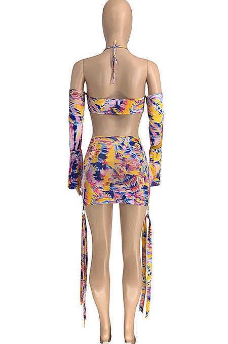 Multi Yellow Women Fashion Casual Condole Belt Backless Mid Waist Mini Dress GLS7025-4